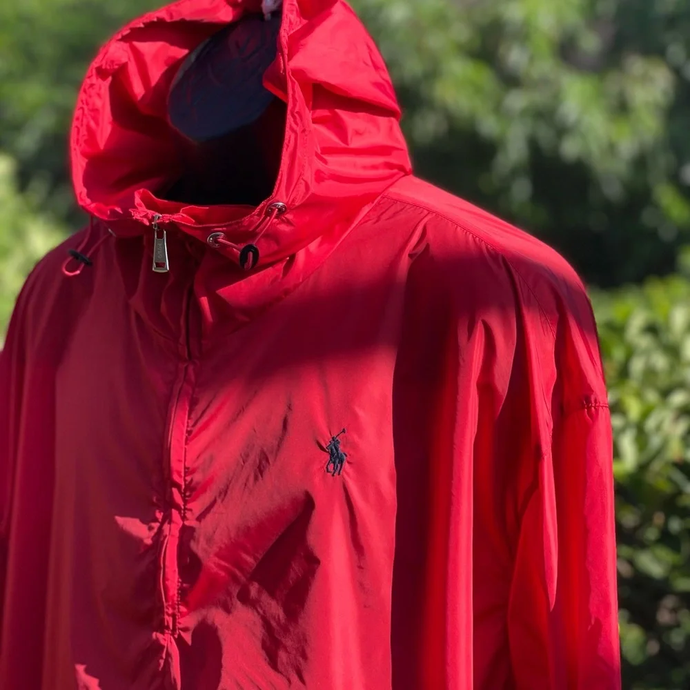POLO RALPH LAUREN SMALL PONY QUARTER ZIP HOODED PULLOVER NYLON RED JACKET‎